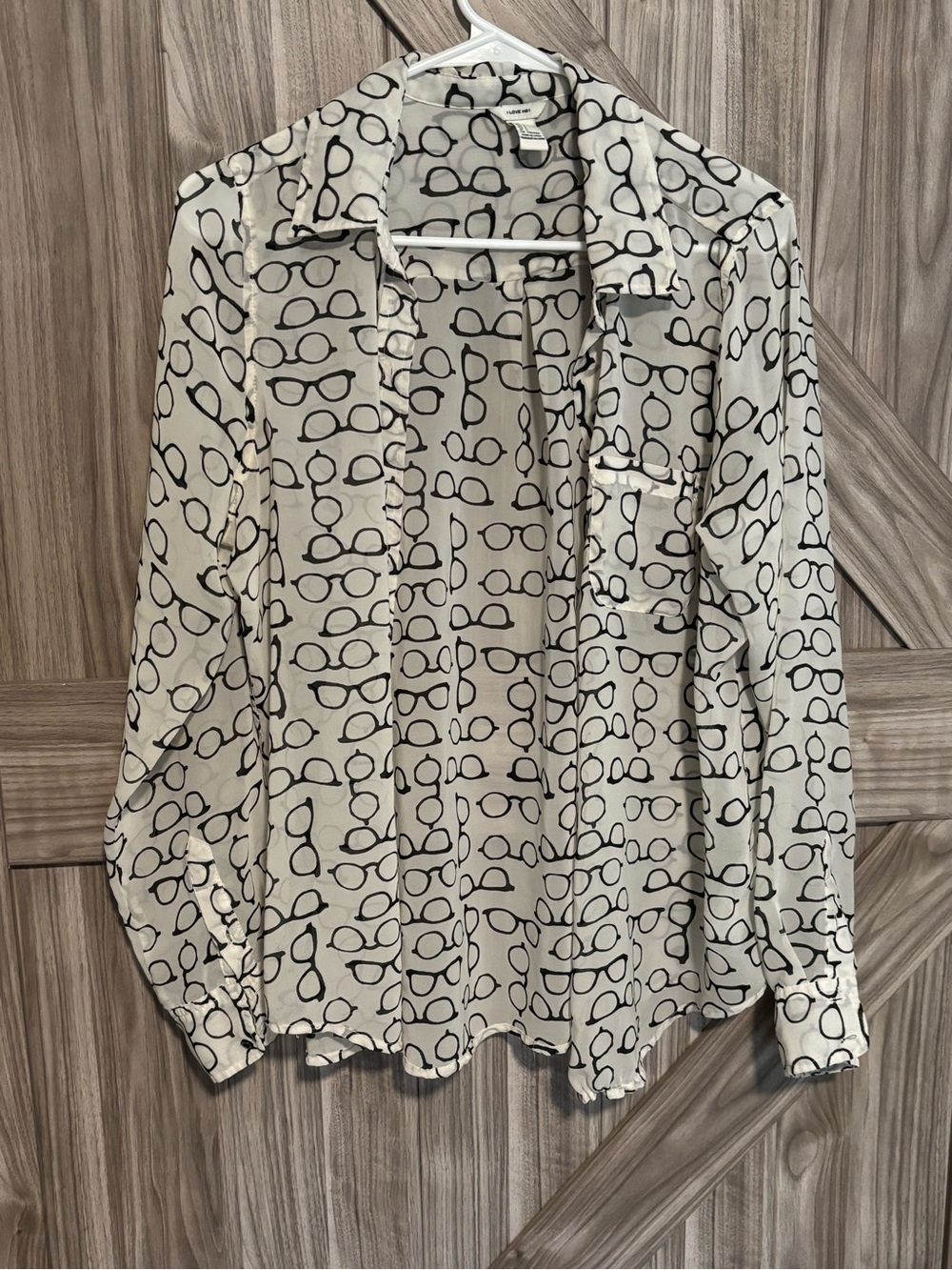 Sheer Cream Button-Up Blouse with Black Eyeglass Print